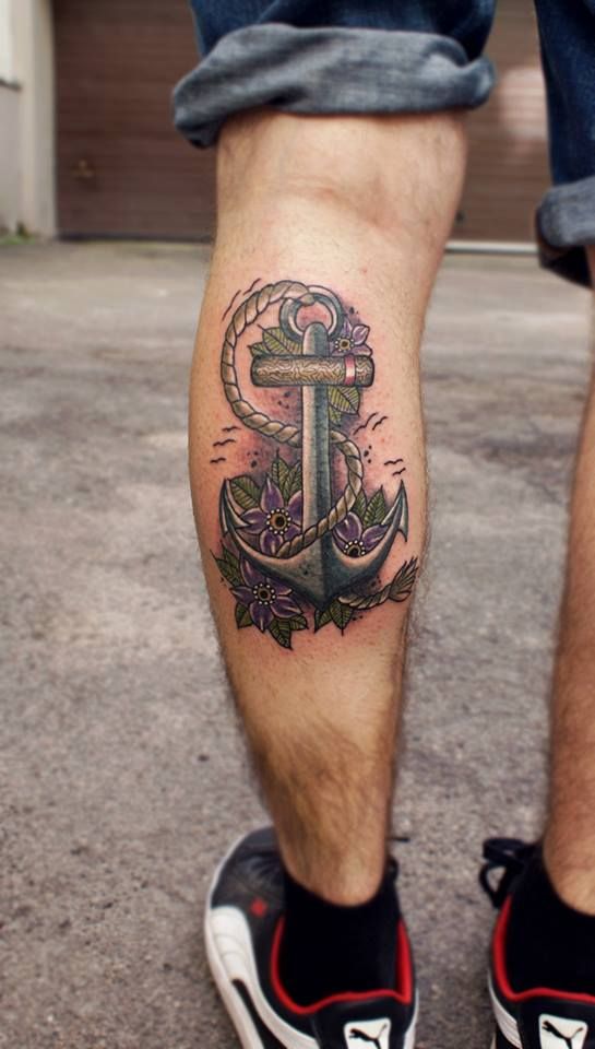 Neo Anchor Tattoo On Left Leg Calf