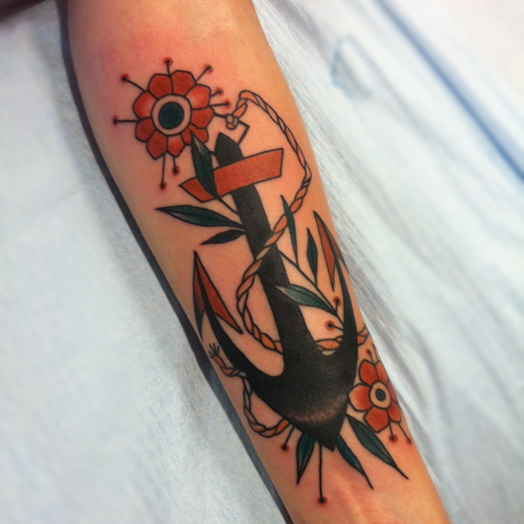 Neo Anchor With Flower Tattoo Design For Sleeve