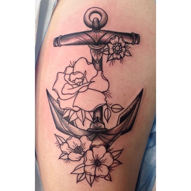 Neo Anchor With Flowers Tattoo Design For Half Sleeve