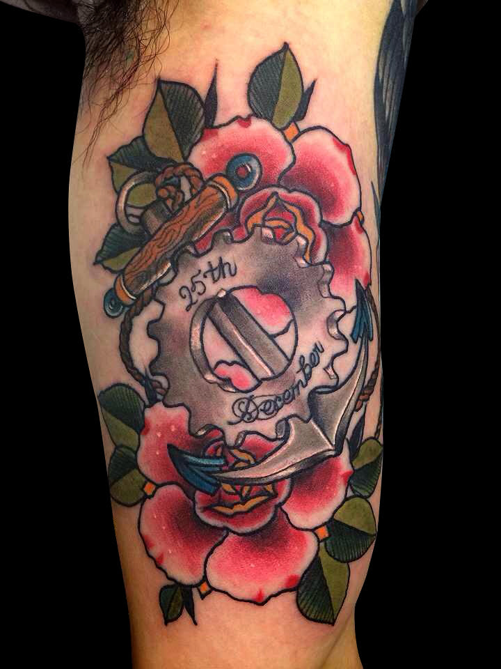 Neo Anchor With Gear And Roses Tattoo On Bicep By Ollie T2