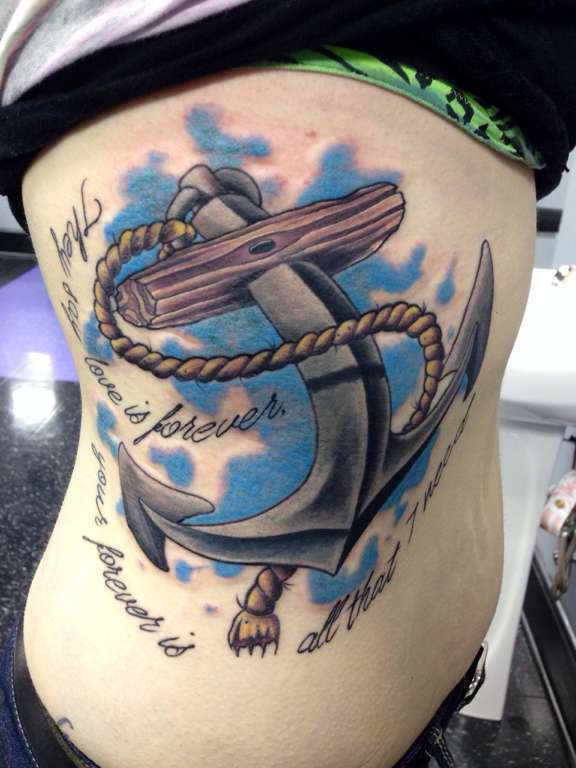 Neo Anchor With Rope Tattoo On Side Rib