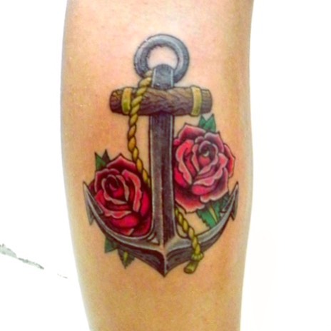 Neo Anchor With Roses Tattoo Design For Leg Calf