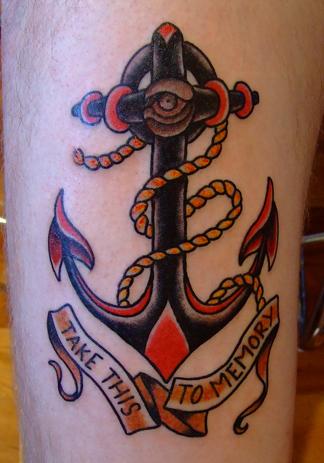 Neo Anchor With Take This To Memory Banner Tattoo Design For Sleeve