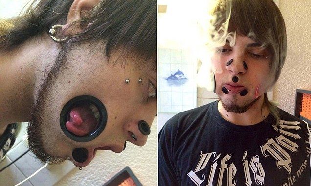 Nose Stretching And Stretched Cheek Piercing