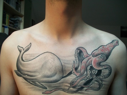 Octopus And Whale Tattoo On Man Chest