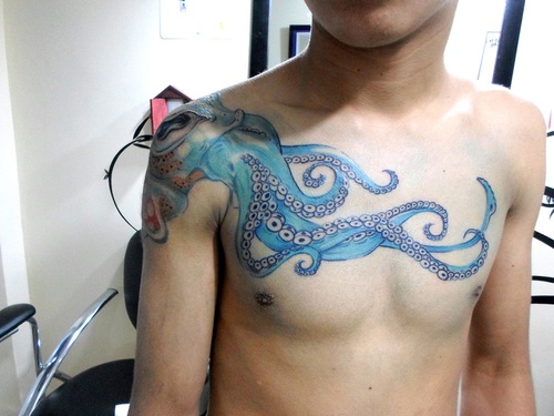 Octopus Tattoo On Man Right Shoulder And Chest