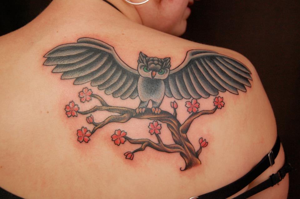 Owl On Branch Tattoo On Girl Right Back Shoulder