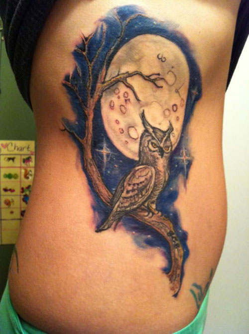 Owl On Branch With Moon Tattoo On Right Side Rib