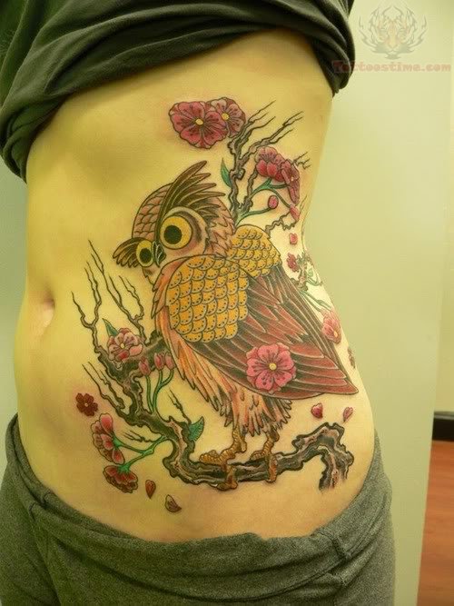 Owl On Tree Branch With Flowers Tattoo On Girl Left Side Rib