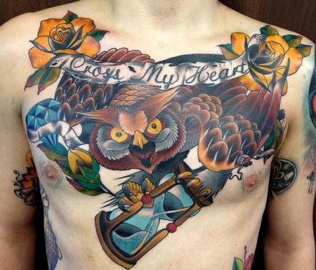 Owl With Hourglass And Banner Tattoo On Man Upper Back