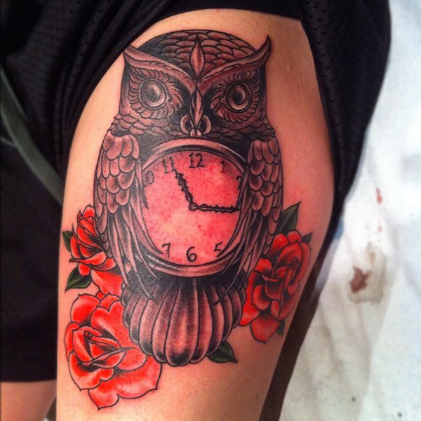 Owl With Pocket Watch And Roses Tattoo On Left Thigh
