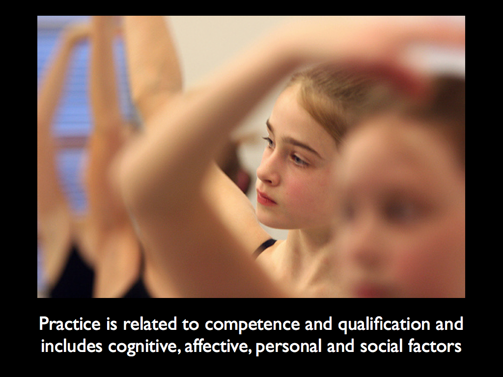 Practice is related to competence and qualification and includes cognitive, affective, personal and social factors