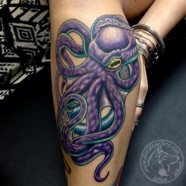 Purple Ink Octopus Tattoo Design For Leg Calf