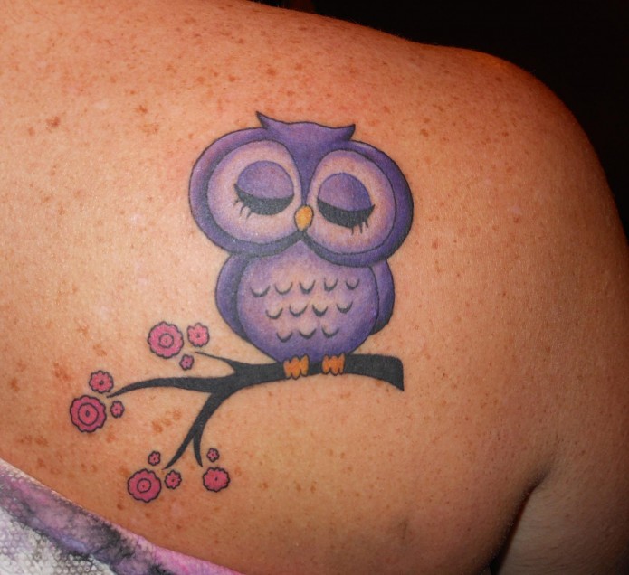 Purple Ink Owl On Branch Tattoo On Right Back Shoulder