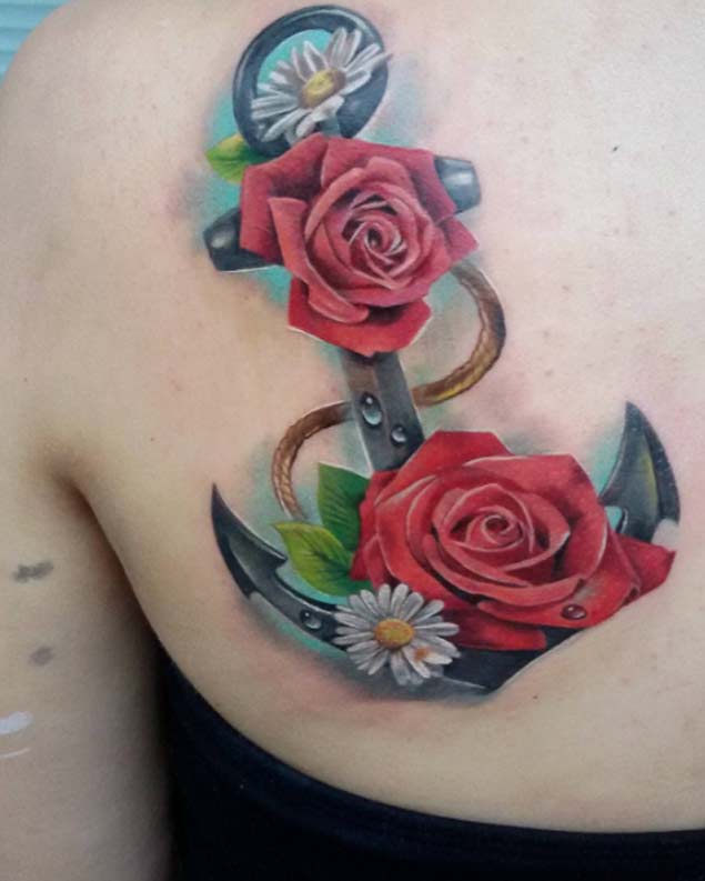 Realistic 3D Anchor With Flowers Tattoo On Women Left Back Shoulder By Greta