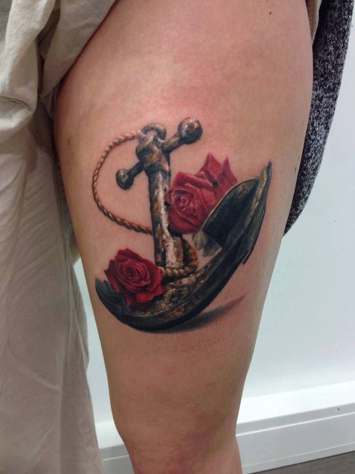 Realistic 3D Anchor With Roses Tattoo On Thigh