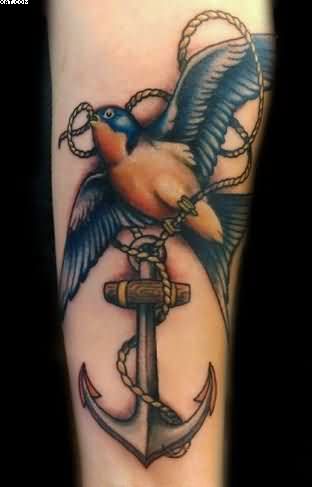 Realistic Anchor With Flying Birds Tattoo Design For Sleeve