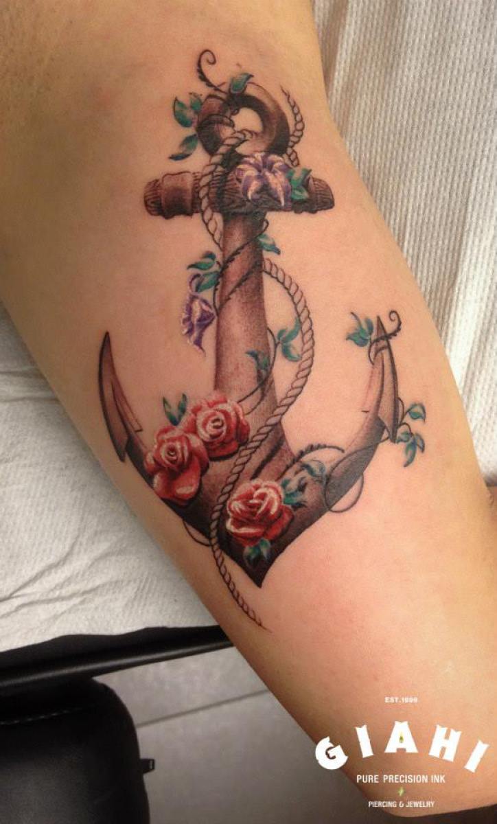 Realistic Neo Anchor With Roses Tattoo Design For Sleeve