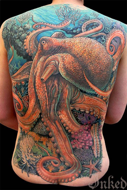 Realistic Octopus Tattoo On Full Back