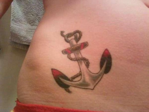 Red And Black Anchor Tattoo On Waist