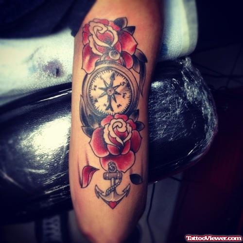 Red And Black Anchor With Compass And Roses Tattoo Design For Half Sleeve