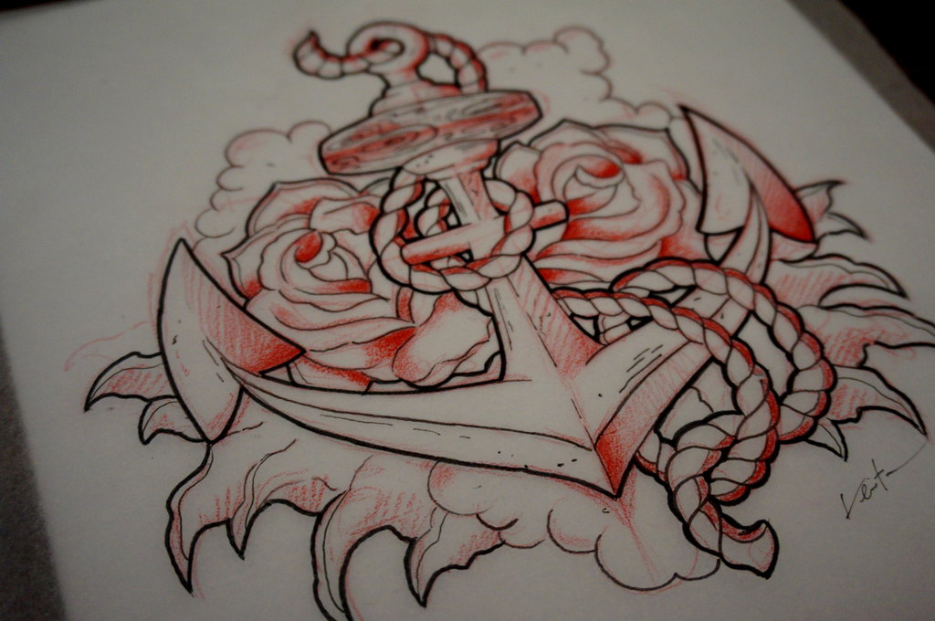 Red Ink Anchor With Roses Tattoo Design By Red Lima