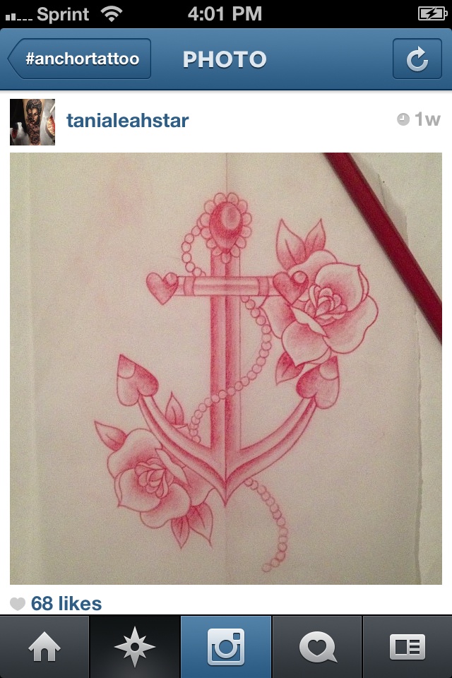 Red Ink Anchor With Roses Tattoo Design