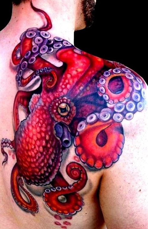 Red Ink Octopus Tattoo On Man Right Back Shoulder