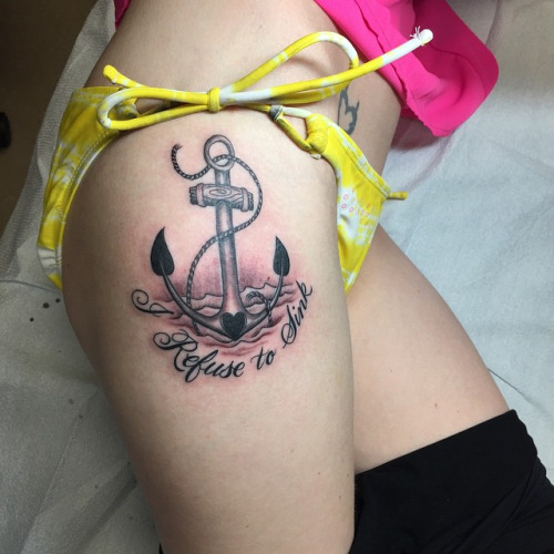 Refuse To Sink - Black And Grey Anchor Tattoo On Girl Right Hip