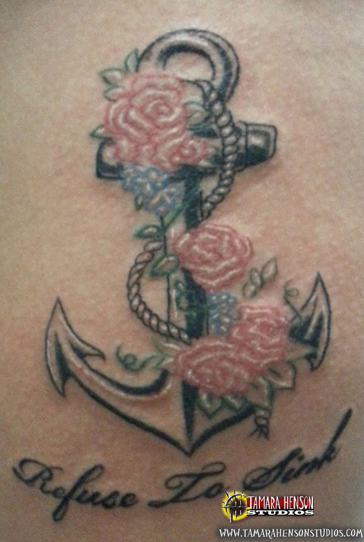 Refuse To Sink - Classic Anchor With Roses Tattoo Design By Briescha