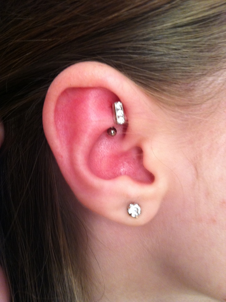Right Ear Lobe And Rook Piercing Idea For Girls