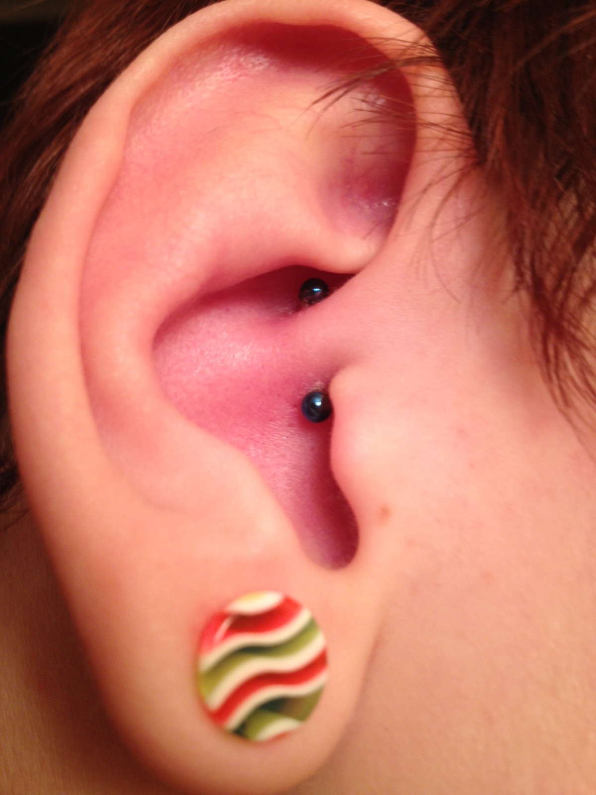 Right Ear Lobe Piercing And Daith Rook Piercing With black Barbell