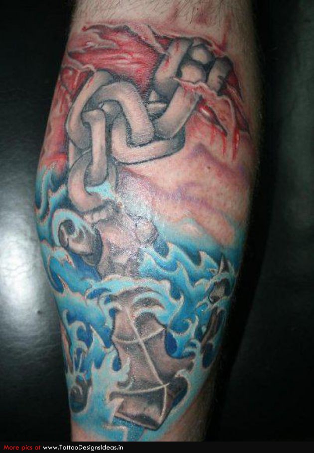 Ripped Skin Anchor With Chain Tattoo Design For Leg Calf
