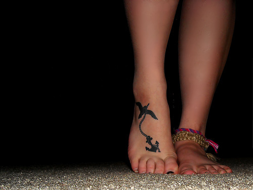 Silhouette Anchor With Flying Bird Tattoo On Girl Right Foot