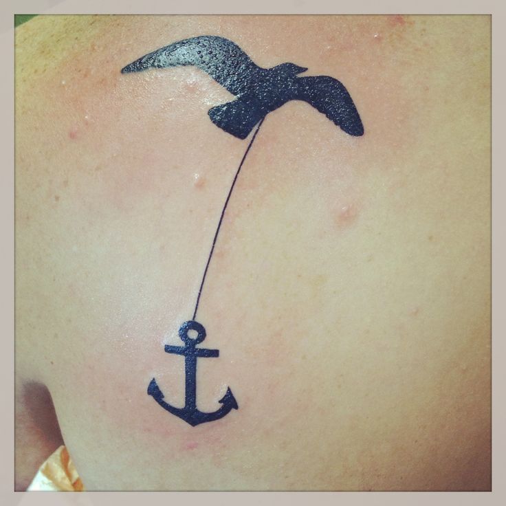 Silhouette Anchor With Flying Bird Tattoo On Left Back Shoulder