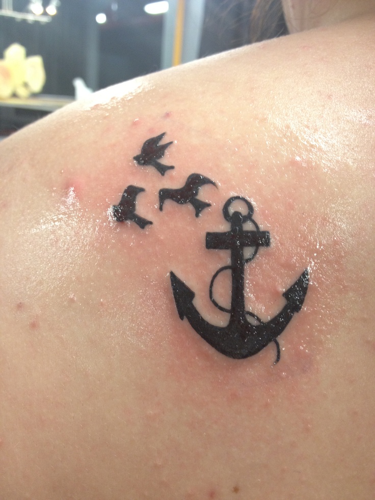 Silhouette Anchor With Flying Birds Tattoo On Left Back Shoulder