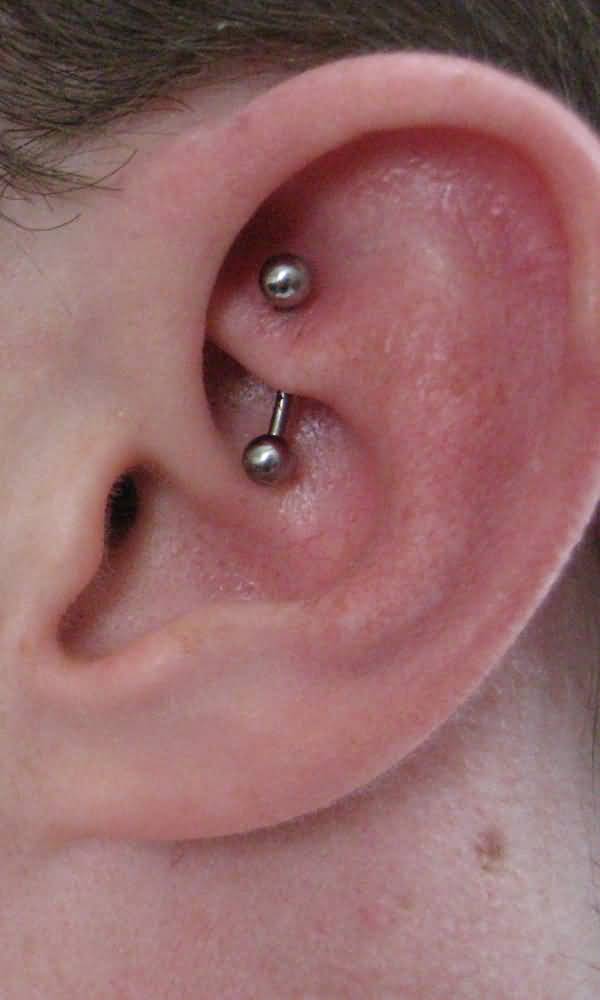Silver Barbell Rook Piercing On Left Ear