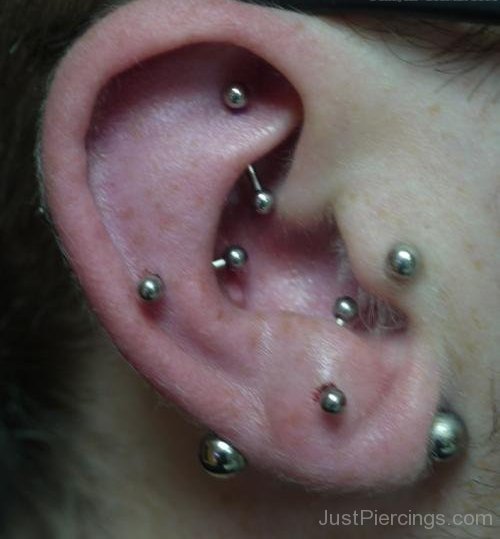 Silver Barbells Right Ear Snug And Rook Piercing