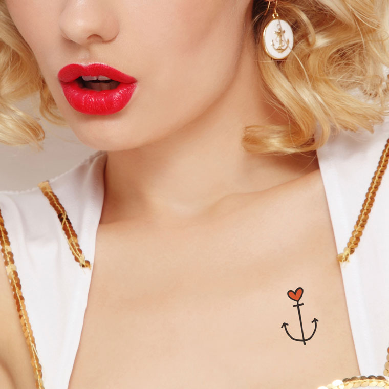 Simple Anchor With Heart Tattoo On Girl Collar Bone