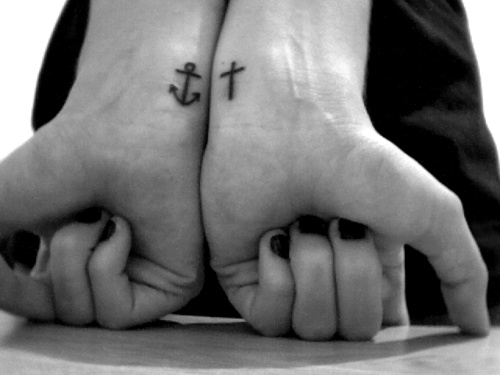 Simple Black Anchor And Cross Tattoo On Girl Both Wrist