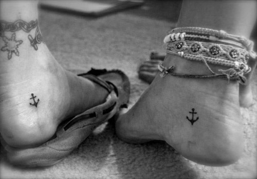 Simple Black Anchor Tattoo On Couple Ankle