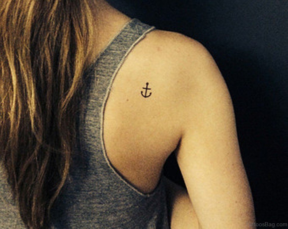 Simple Black Anchor Tattoo On Girl Right Back Shoulder