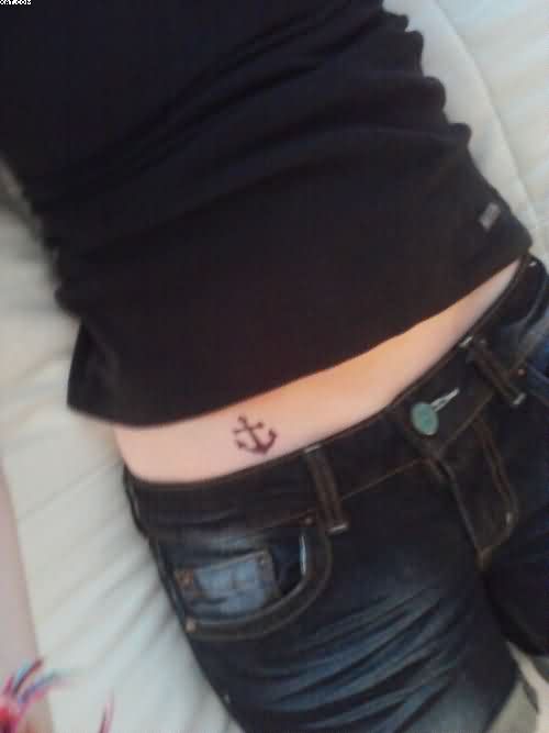 Simple Black Anchor Tattoo On Girl Right Hip