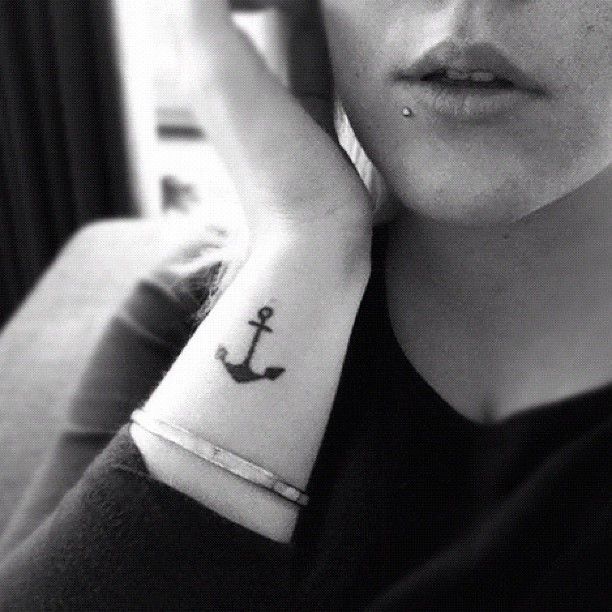 Simple Black Anchor Tattoo On Girl Right Side Wrist