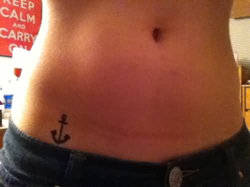 Simple Black Anchor Tattoo On Right Hip