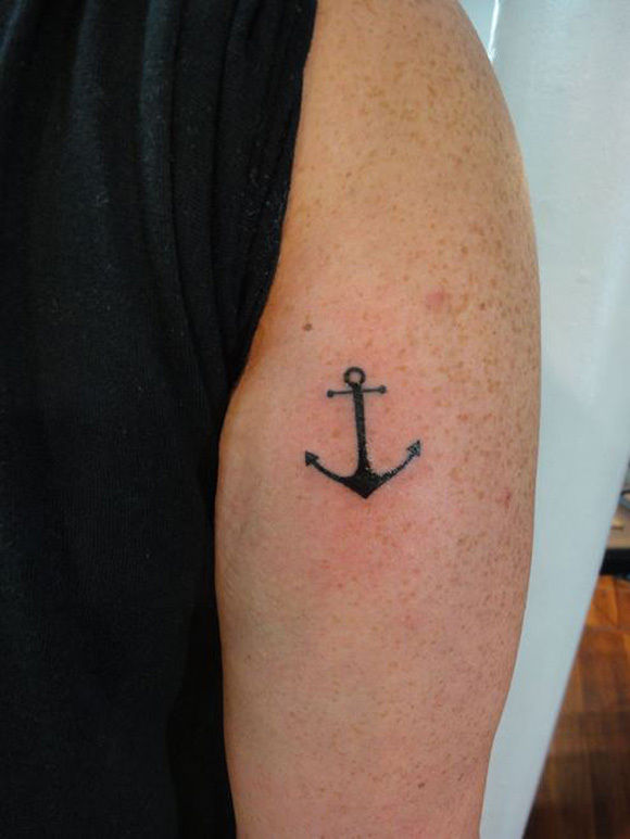 Simple Black Anchor Tattoo On Right Shoulder