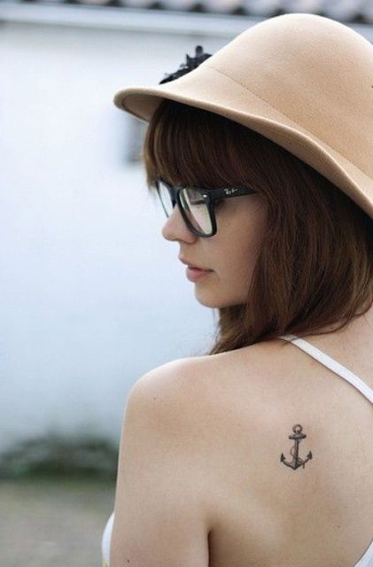 Simple Black Anchor Tattoo On Women Left Back Shoulder