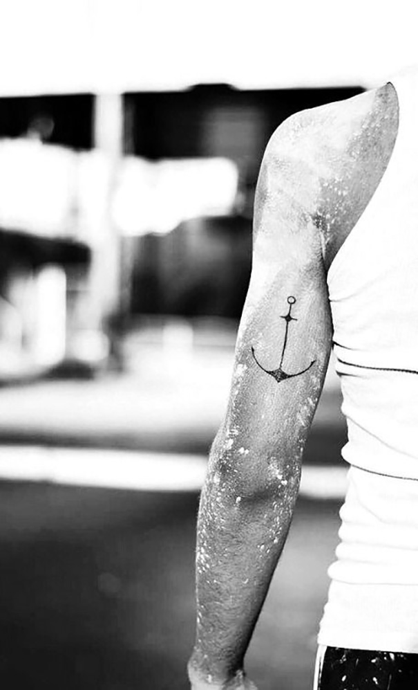 Simple Black And Grey Anchor Tattoo On Left Half Sleeve