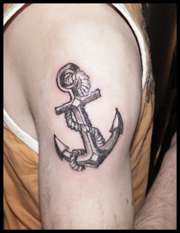 Simple Black Ink Anchor Tattoo On Right Shoulder