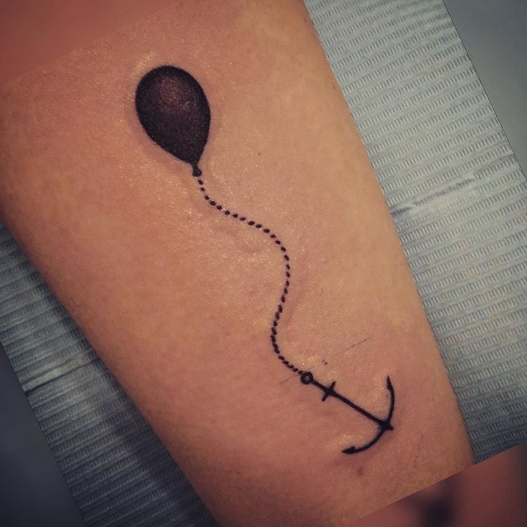 Simple Black Ink Anchor With Balloon Tattoo Design For Sleeve